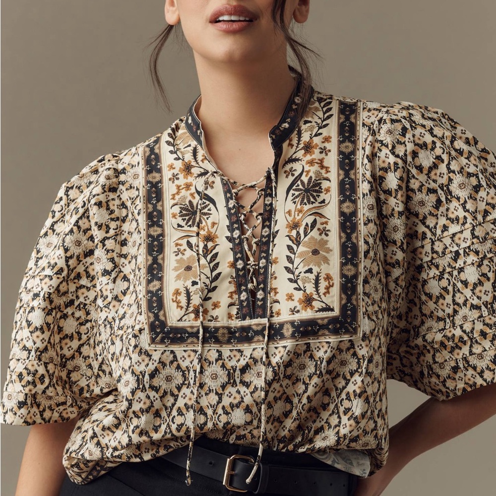 Anthropologie Pleated Puff-Sleeve Blouse Boho Peasant Top - Size Medium - Picture 9 of 16